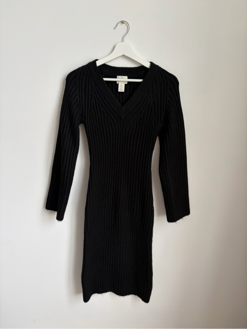 Black Ribbed V-Neck Midi Sweater Dress